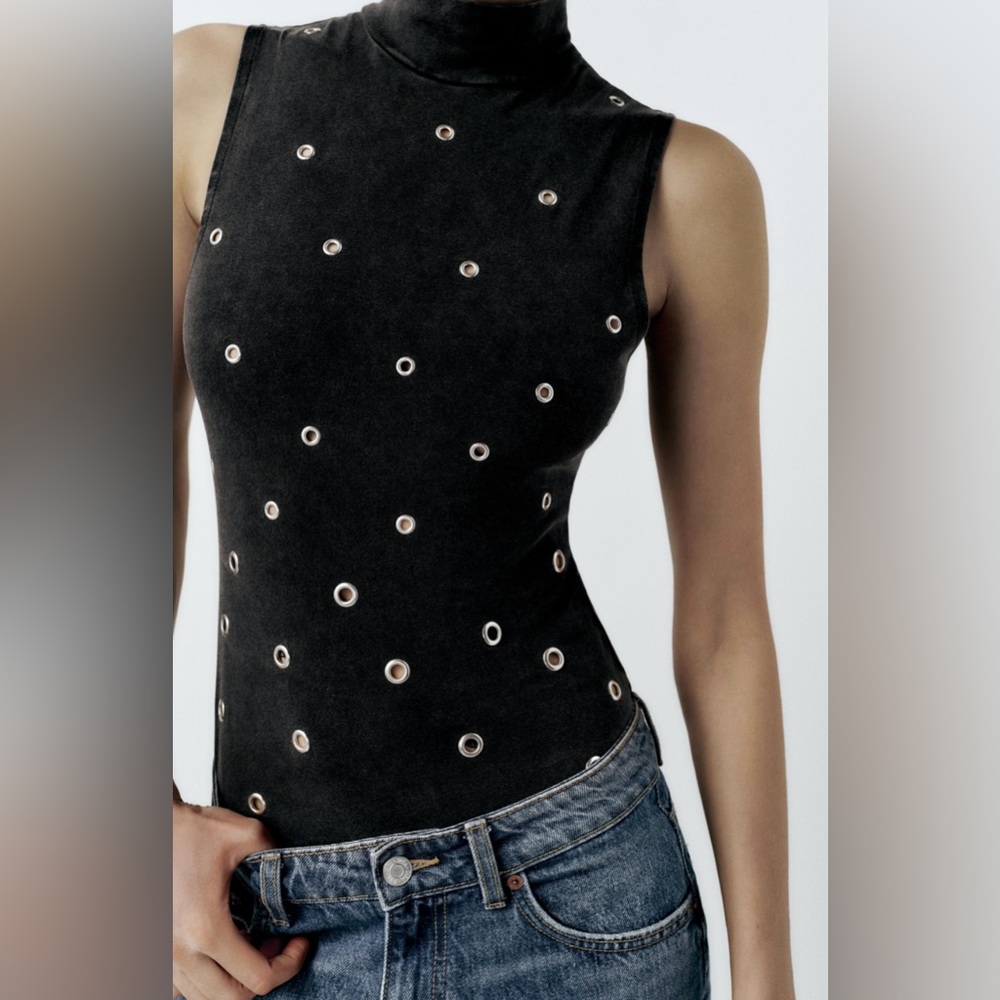 Zara Washed Effect Eyelet Bodysuit NWT